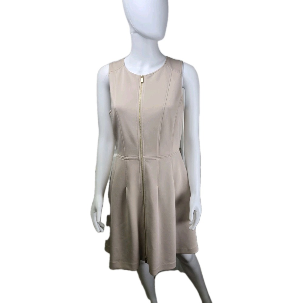 VINCE CAMUTO Scuba‎ Fit Flare Midi  Dress 2-way Front Full-Zipper Beige Size 10